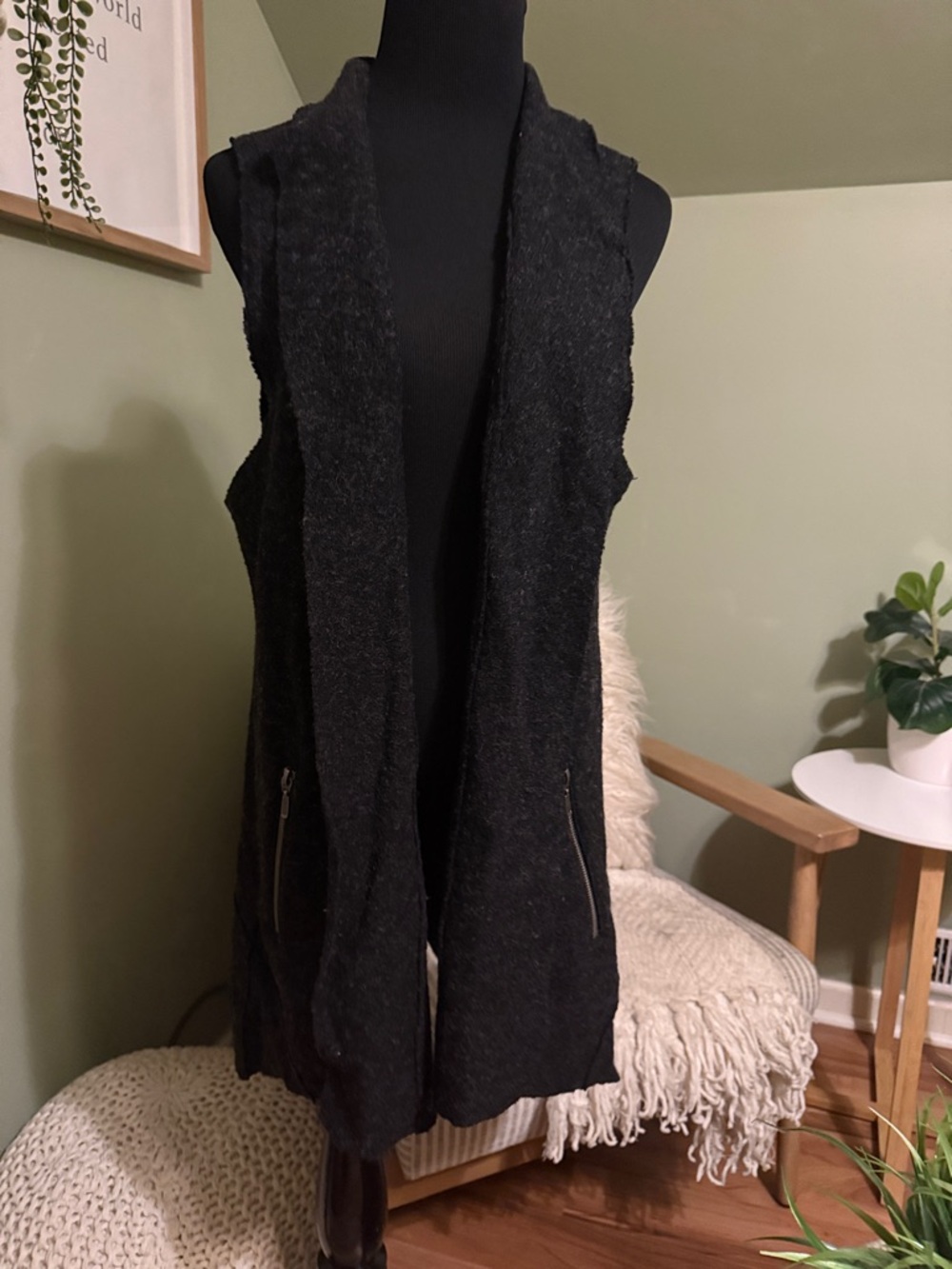 Black Sleeveless Open-Front Knit Vest Sweater